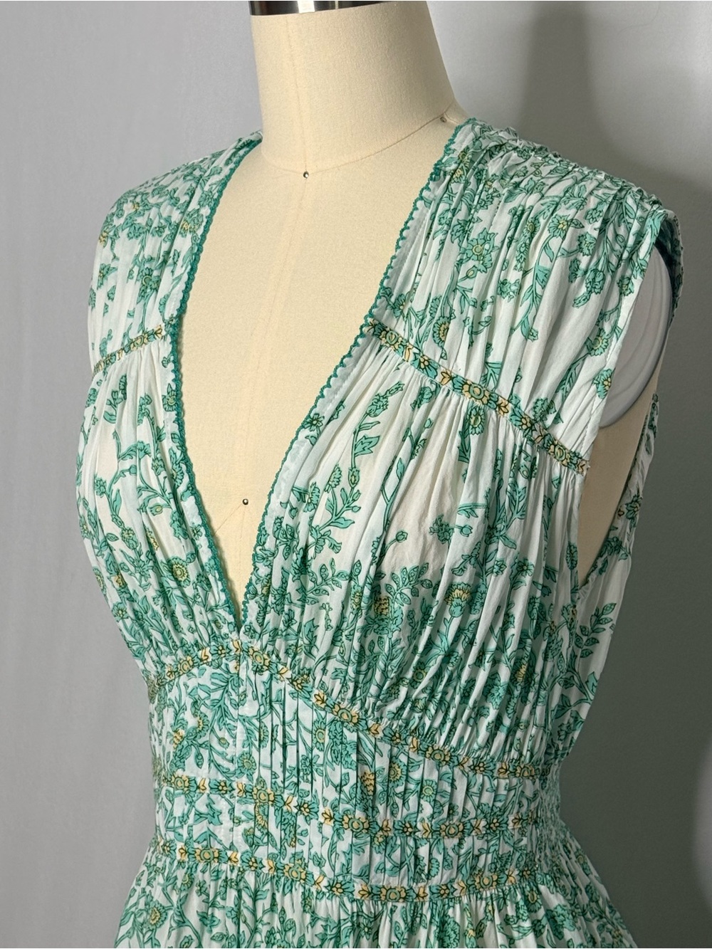 Poupette St Barth M Green Floral Boho Mini Dress Deep V